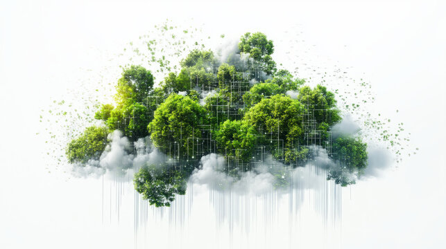 Environmental transformation lush green trees in a digital cloud nature scene conceptual art futuristic view