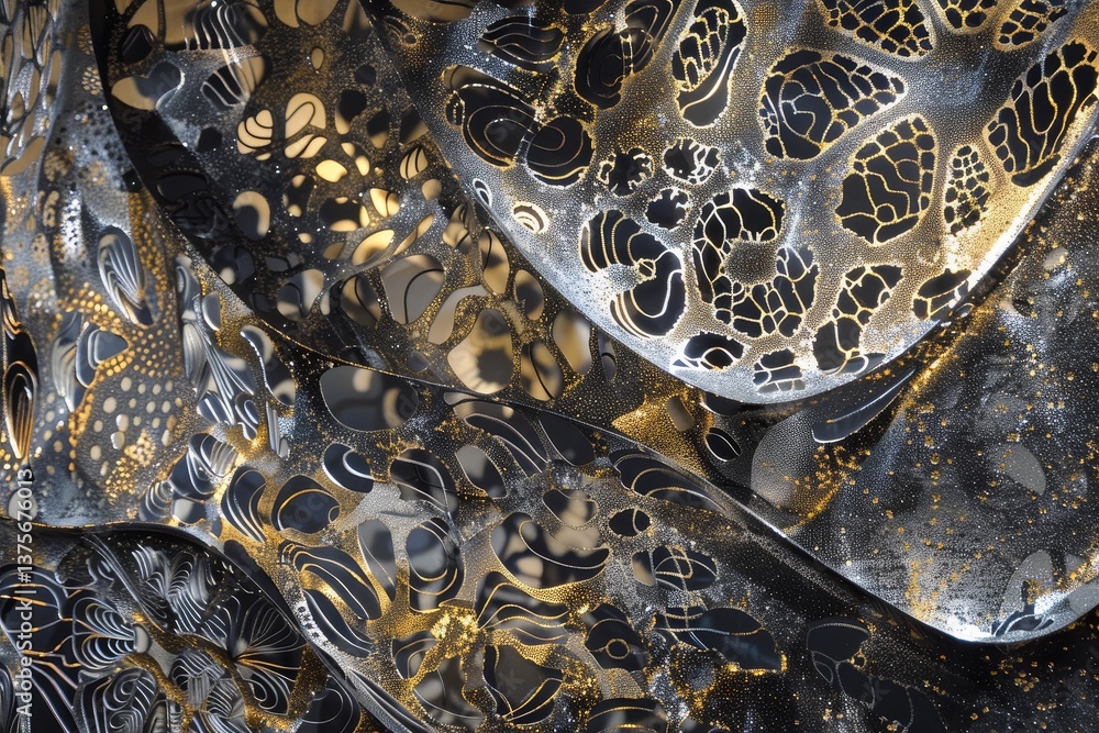 Poster close-up of a shiny surface with intricate gold and black patterns, reflective surface with intricat