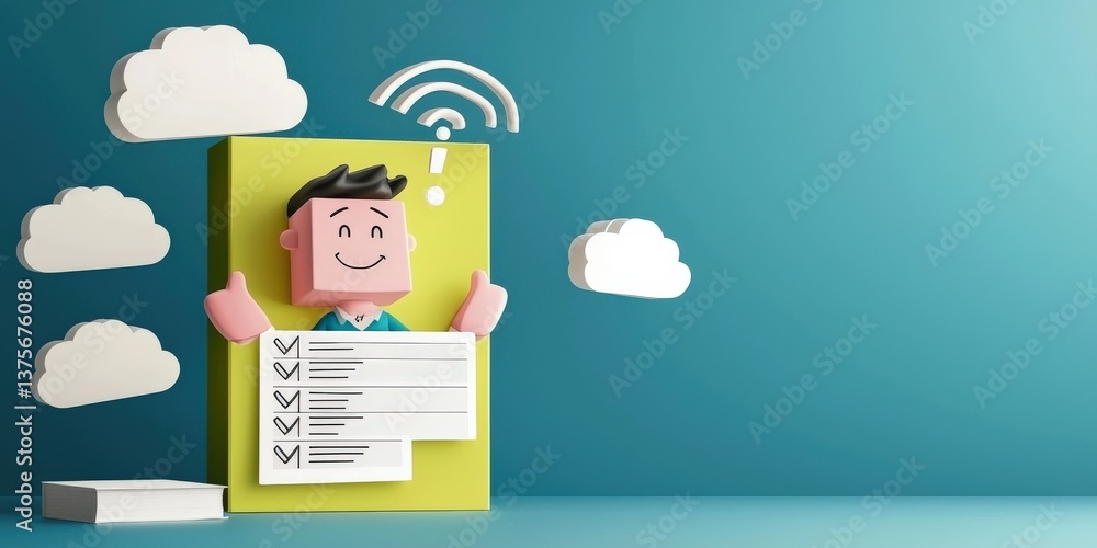 Poster productivity tools collaboration minimalist concept. cheerful character with checklist and clouds in
