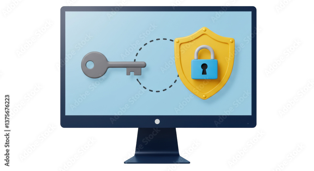 Aufkleber isolated computer monitor with key, shield, and lock for cyber security