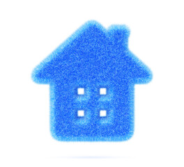 3d blue fur fluffy home icon render. Furry house symbol with hairy texture. Real estate sale, rent, mortgage, construction, purchase property, rental residential building, insurance. 3D illustration