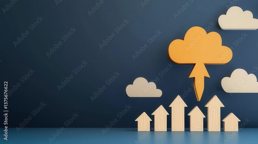 Poster productivity tools collaboration minimalist concept. cloud computing concept with upward arrows and 