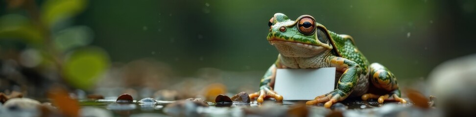 Fototapeta premium Grenouille grise avec un panneau blanc sur son ventre, pond life, grey frog