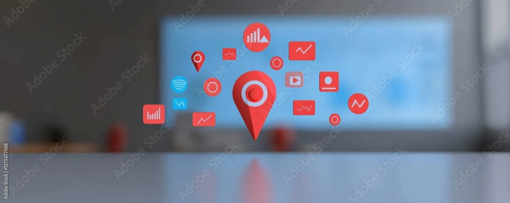 Poster productivity tools collaboration minimalist concept. digital location icons with graphs on a blurred