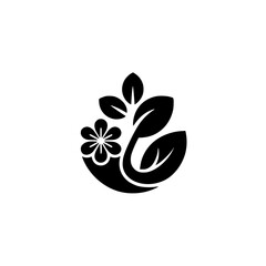 Minimalist Floral Logo: Black Flower and Leaves on White, Vector Design