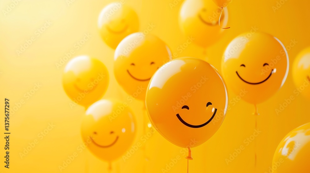Poster 3d rendering of a bunch of yellow smiley face balloons on a yellow background. the balloons are all 