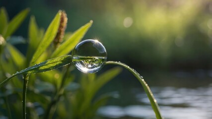 Crystal Ball on Green Leaf Reflecting Nature Close To Water