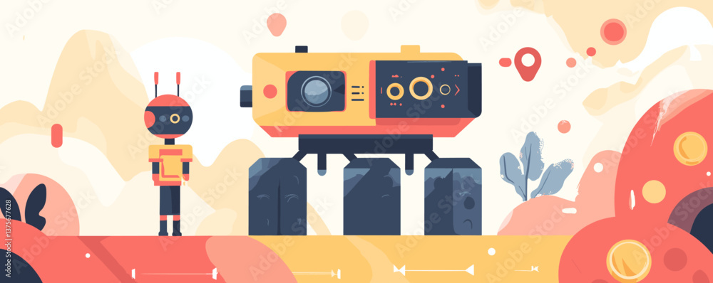 Aufkleber futuristic space exploration scene with robot and rover on alien planet surface - vector.