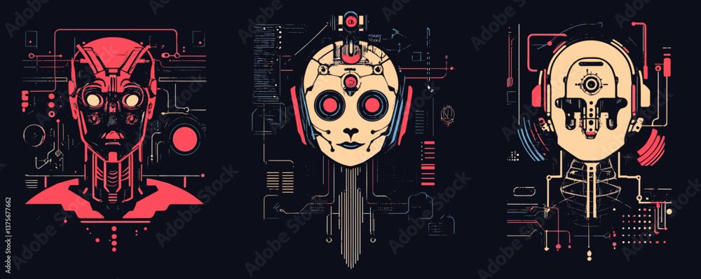 Poster futuristic robotic faces enhanced with digital circuitry and geometric designs - vector.