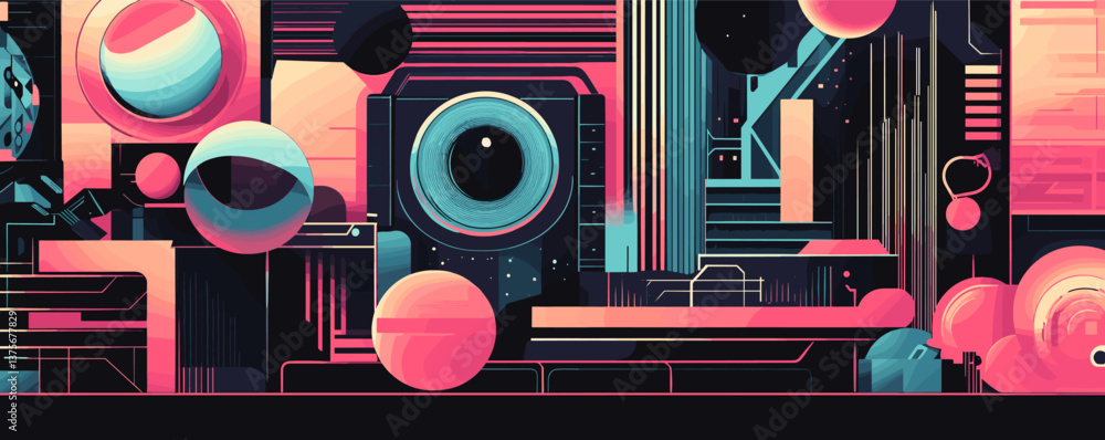 Poster futuristic abstract geometric background with spheres and lines in neon colors - vector.