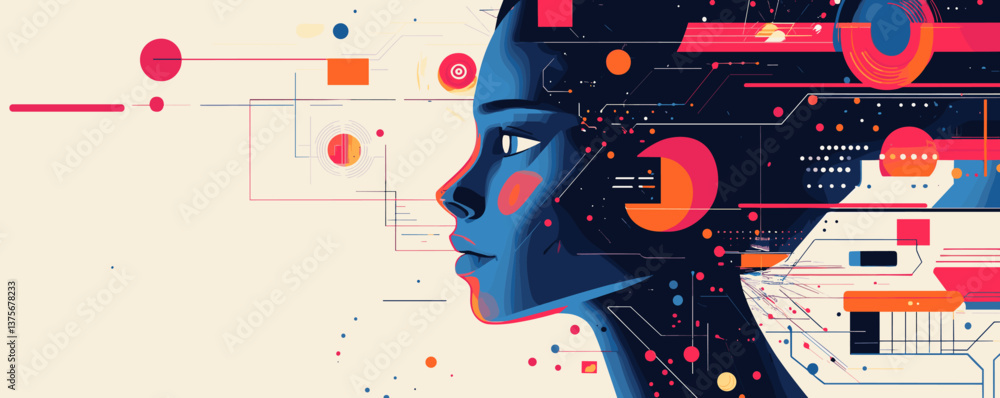 Aufkleber futuristic abstract female portrait with geometric patterns and circuitry - vector.