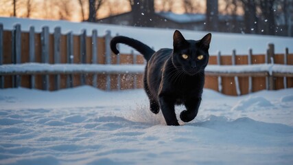 Black Cat Running through Fresh Snow in Winter Outdoors Scene