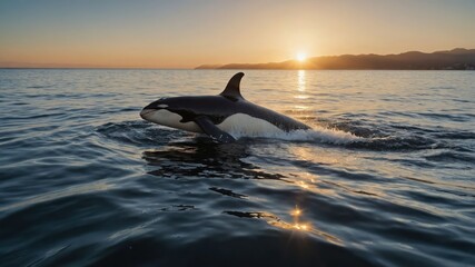 Fototapeta premium Orca Breaching Ocean Surface at Sunset with Glowing Water Reflections