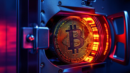 Bitcoin vault security system digital realm cryptocurrency high-tech environment close-up view investment concept