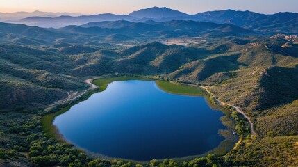 Aerial view of serene mountain lake at sunrise.