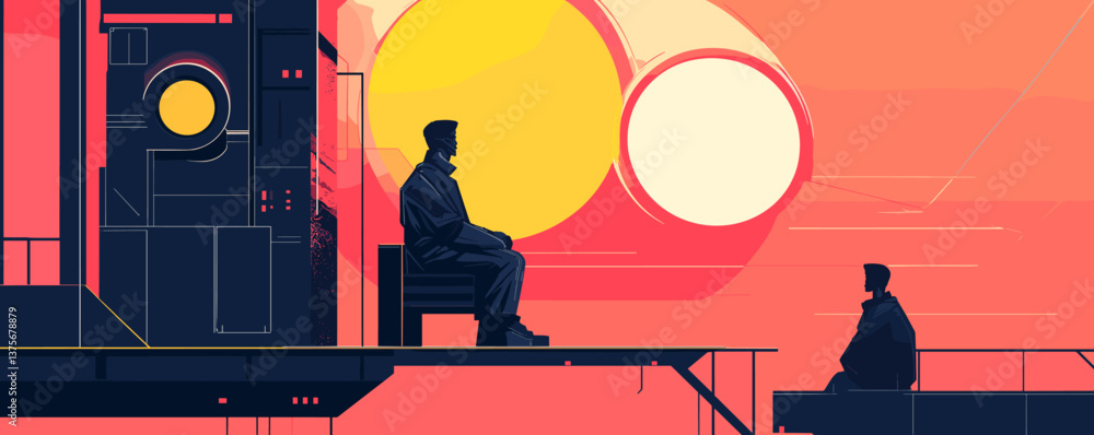 Poster futuristic sunset scene with two figures in conversation on platforms - vector.