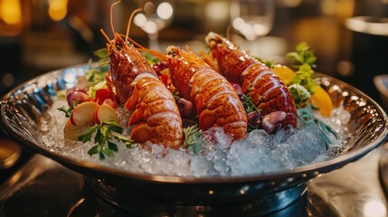 A gourmet presentation of frozen lobster tails resting over a finely crushed ice bed.