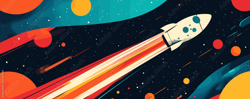 Poster futuristic rocket launch in starry space with colorful planets and comets - vector.