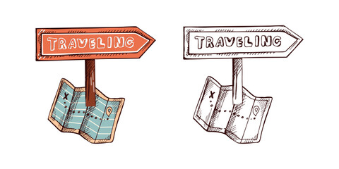 Hand drawn colored and monochrome sketch of paper map with signpost with inscription traveling. Vintage vector illustration isolated on white background. Doodle drawing.