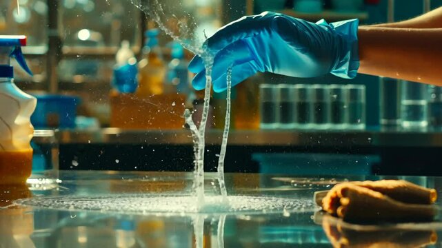 A worker in blue gloves thoroughly cleans a countertop in a bustling kitchen, emphasizing cleanliness and hygiene