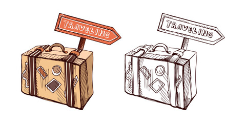 Hand drawn colored and monochrome sketch of suitcase with signpost with inscription traveling. Vintage vector illustration isolated on white background. Doodle drawing.