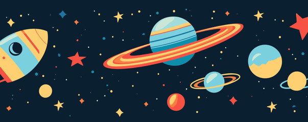 Colorful space adventure with rocket and planets in starry night sky – vector.