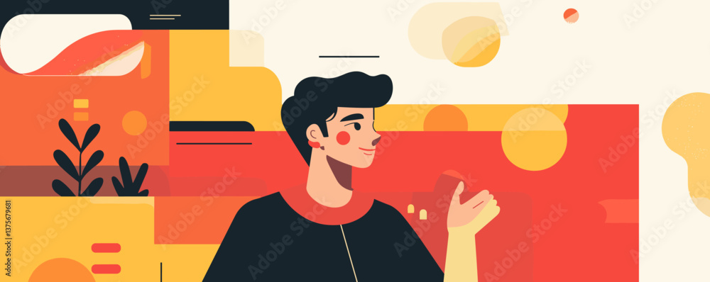 Poster abstract geometric art with stylish man in colorful background – vector.