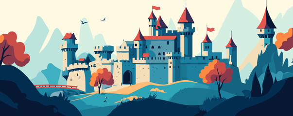 Majestic medieval castle on mountain landscape with trees and sky - vector.