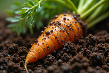 Fototapeta premium Freshly harvested single carrot with green tops, earthy and dewy, representing organic gardening against dark soil background