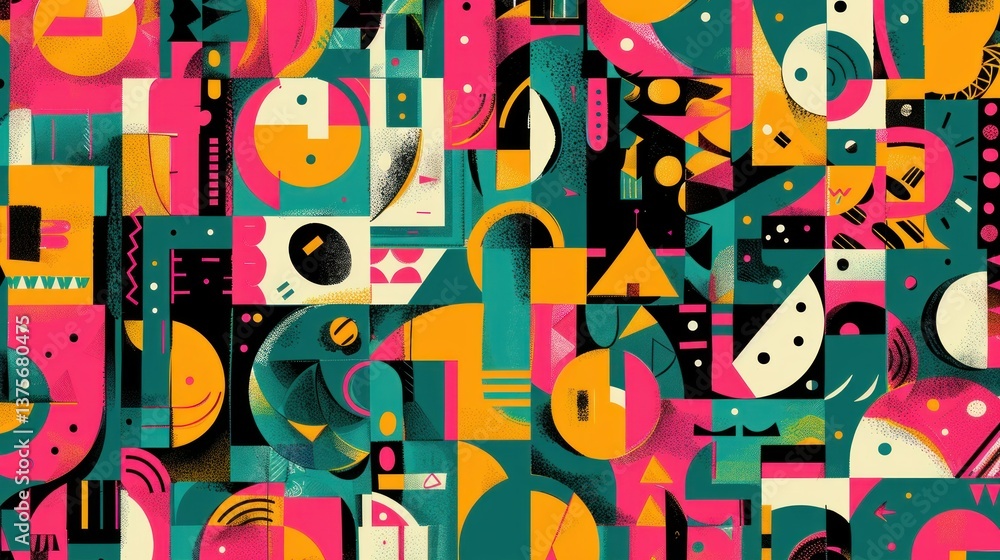 Poster a repeating abstract pattern with geometric shapes and vibrant colors.