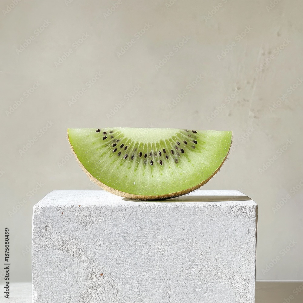 Poster fresh kiwi slice with seeds on a white textured block against neutral background