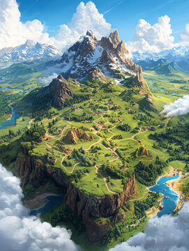 Fototapeta 3D detailed map with routes. Fantasy Realms with Roads, Valleys, and Mountains. 