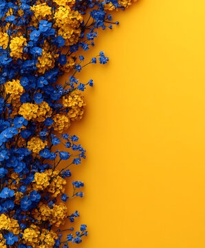 vibrant blue and yellow flowers arranged on the left against a striking yellow background