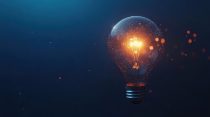 A photorealistic 3D render of a glowing light bulb on a dark blue background, featuring ample copy space for text or branding. Ideal for innovation and creativity themes.