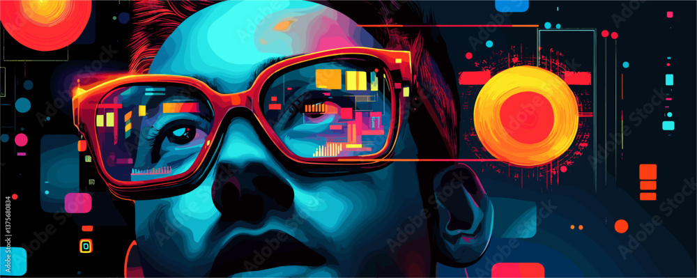 Poster futuristic portrait with digital art glasses and tech elements on a dark background - vector.