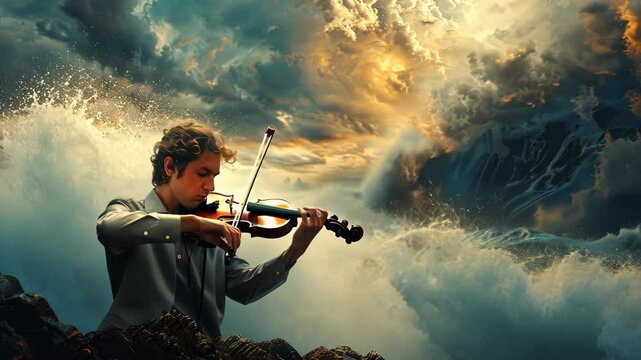 A musician composing a symphony inspired by the elements of nature, evoking the sound of wind, water, and earth in orchestral harmony