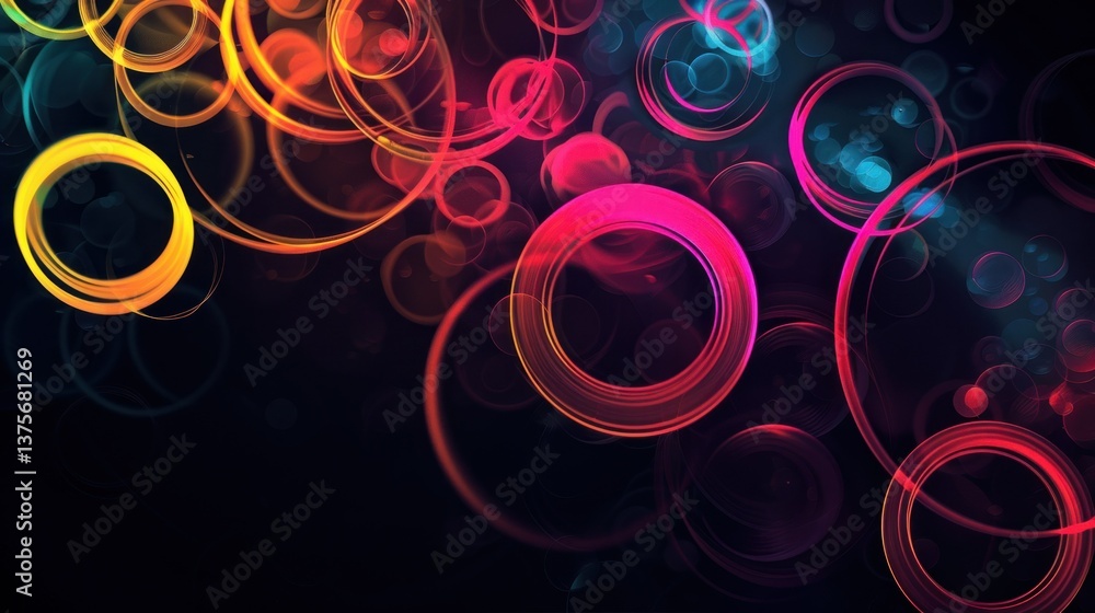 Poster abstract colorful circles on a dark background, creating a modern design.