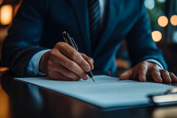 Close-up of businessman in navy suit signing formal legal document with black pen on polished desk in dimly lit office. Concept of contract agreement, business deal and corporate responsibility.