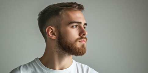 Obraz premium Handsome young man with a beard and short hair in a white t-shirt, side-view portrait against a grey background, featuring ample copy space for text.