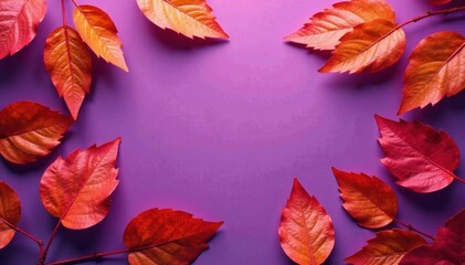 Pattern of dry orange metallic leaves on violet background, dry foliage, metallic leaves, autumn foliage
