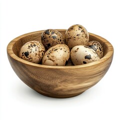 Obraz premium Speckled Quail Eggs in Wooden Bowl Ready for Spring Cooking