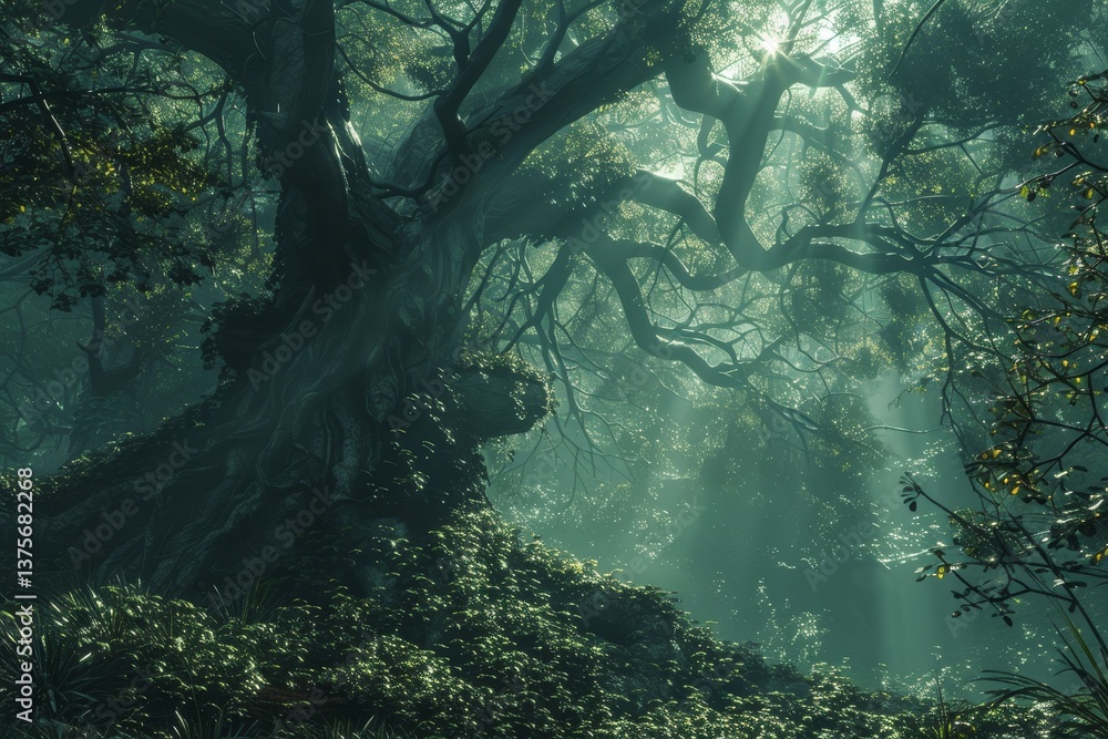 Poster sunlight shines through the branches of ancient trees in a mystical forest, a mystical forest filled