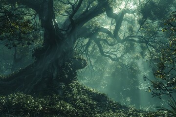 Fototapeta premium Sunlight shines through the branches of ancient trees in a mystical forest, A mystical forest filled with ancient trees and magical creatures