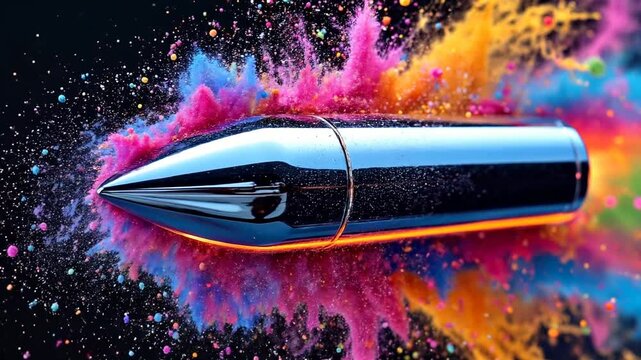 An animated silver bullet streaks through a swirling cloud of vibrant particles, sending colorful powder cascading outward, dynamic light trails follow its path