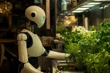 Fototapeta premium Robot chef prepares fresh herbs in a modern kitchen environment during evening hours