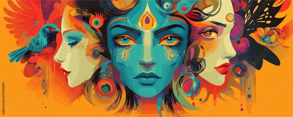 Poster abstract artistic faces with vibrant colors and bird elements on orange background - vector.