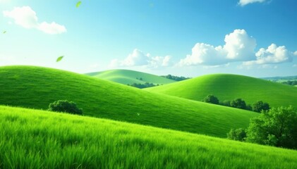Obraz premium Rolling hills of emerald green grass in a serene meadow landscape, wildflowers, fields