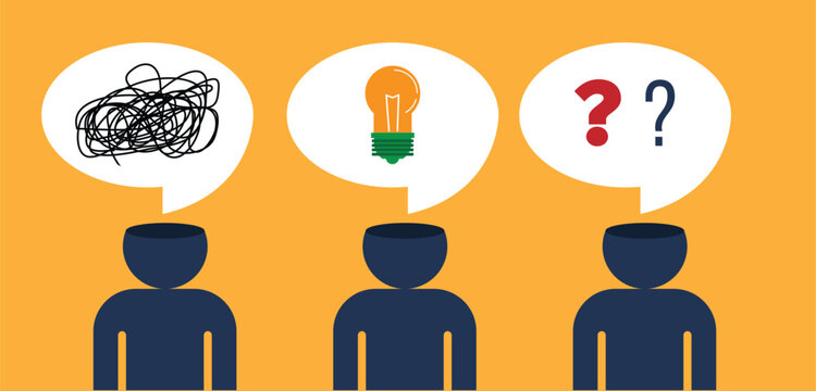Abstract Human Figures with Messy Thoughts Questions and Light Bulb Solution. Psychology, mental health and generating creative ideas vector art