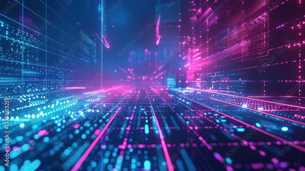 Poster abstract technology elements with digital grids and neon colors.