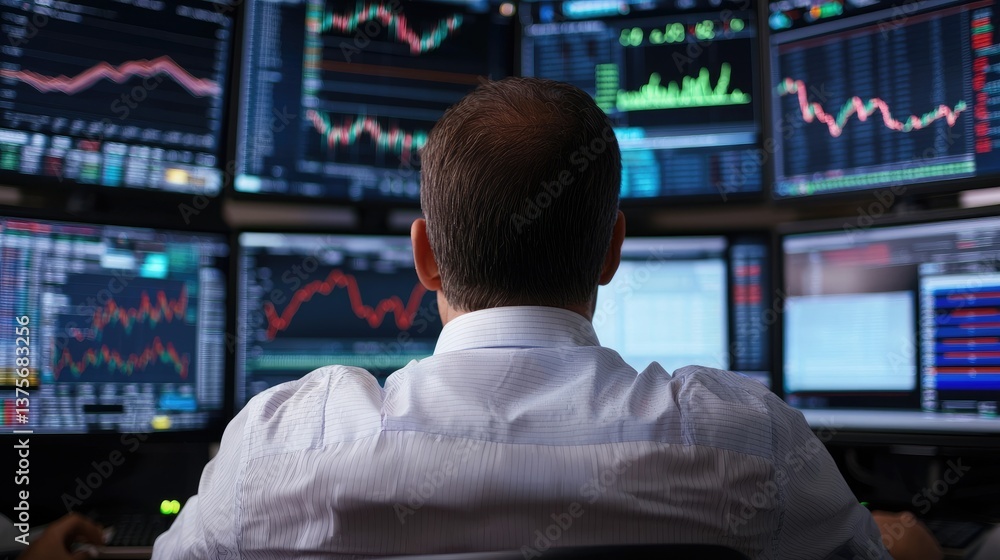 Poster trader analyzing financial data on multiple computer screens